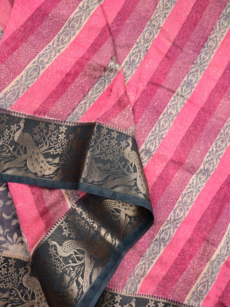 Maheswari fancy saree pink color allover stripes & zari border with contrast pallu and printed blouse