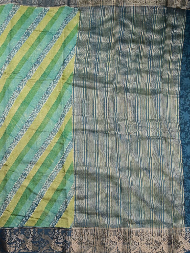 Maheswari fancy saree green color allover stripes & zari border with contrast pallu and printed blouse