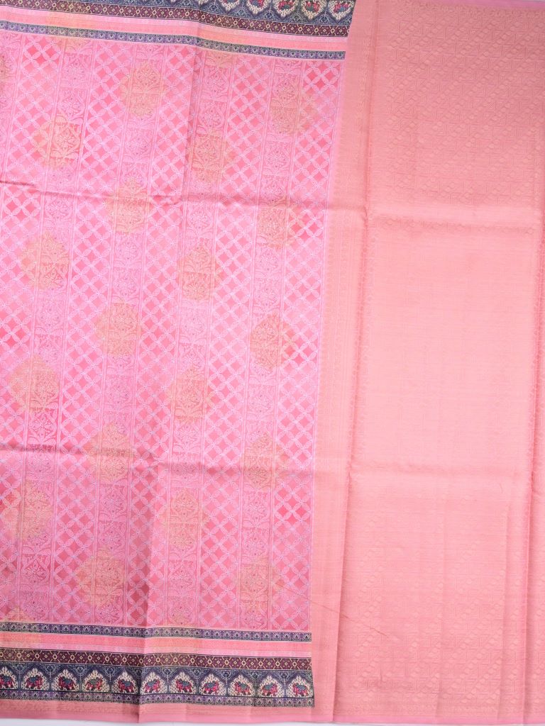 Dupion fancy saree light pink color allover digital prints & printed zari border with rich pallu and brocade blouse