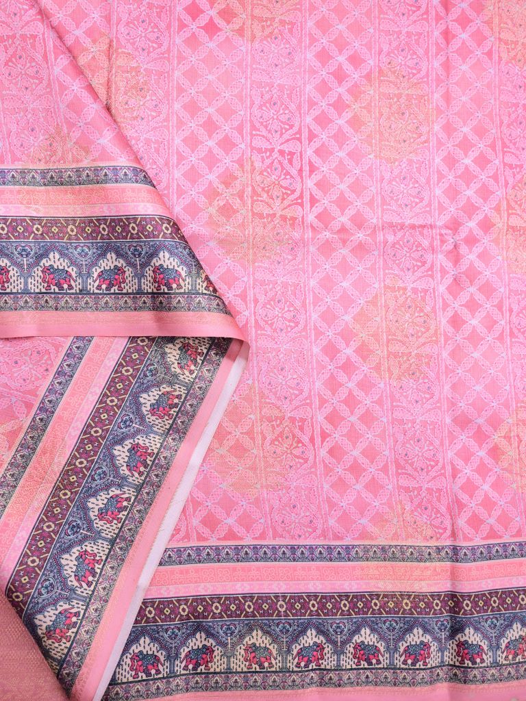 Dupion fancy saree light pink color allover digital prints & printed zari border with rich pallu and brocade blouse