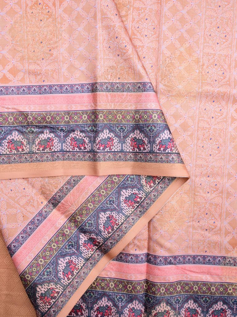 Dupion fancy saree light orange color allover digital prints & printed zari border with rich pallu and brocade blouse