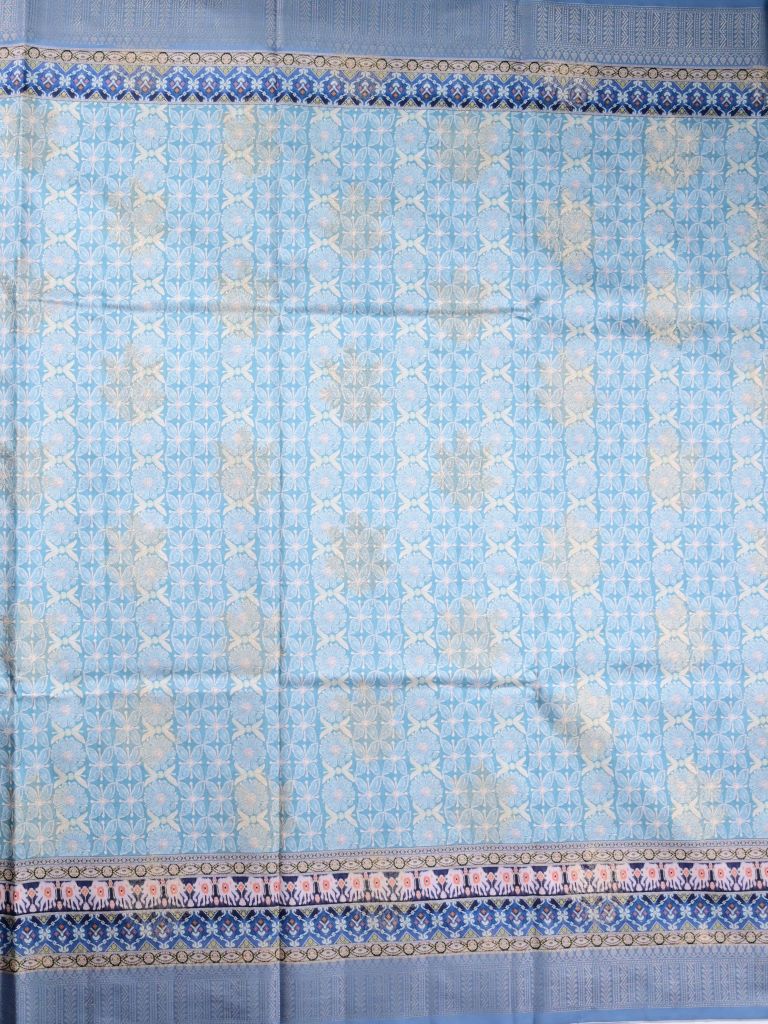 Dupion fancy saree sky blue color allover digital prints & printed zari border with rich pallu and brocade blouse