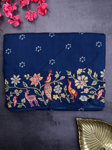 Tussar fancy saree navy blue color allover prints & printed border with running pallu and attached printed blouse