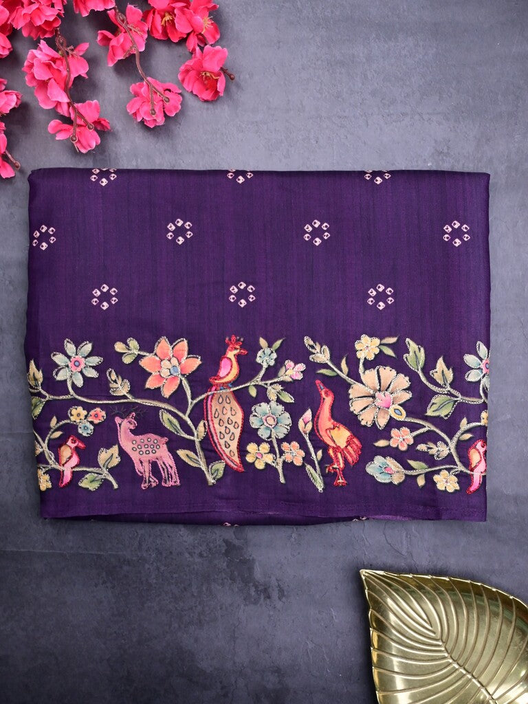 Tussar fancy saree violet color allover prints & printed border with running pallu and attached printed blouse