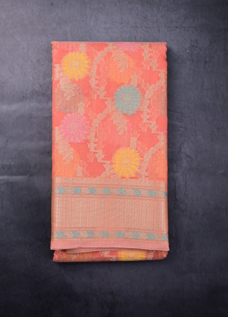 Kota fancy saree light orange color allover zari weaves & zari border with rich pallu and brocade blouse