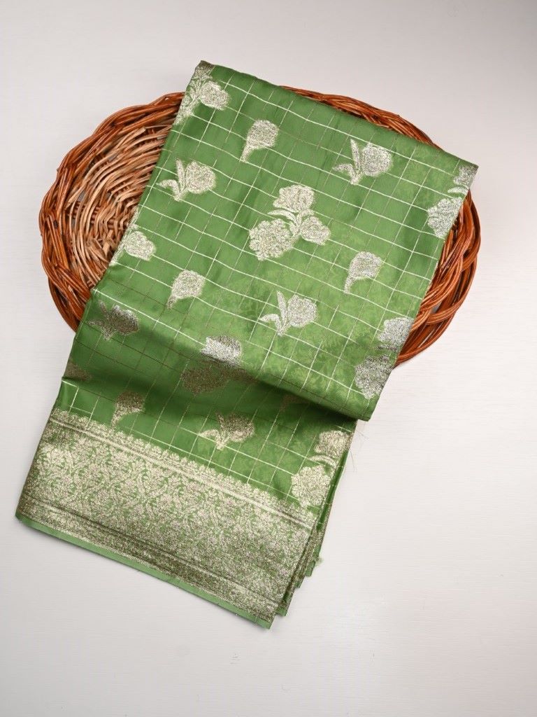 Kora georgette fancy saree leaf green color with allover zari stripes & motifs with zari border with rich pallu and designer blouse