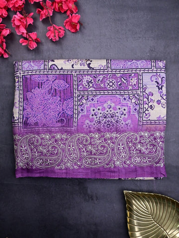 Tussar fancy saree light purple color allover prints & printed border with short pallu and attached plain blouse