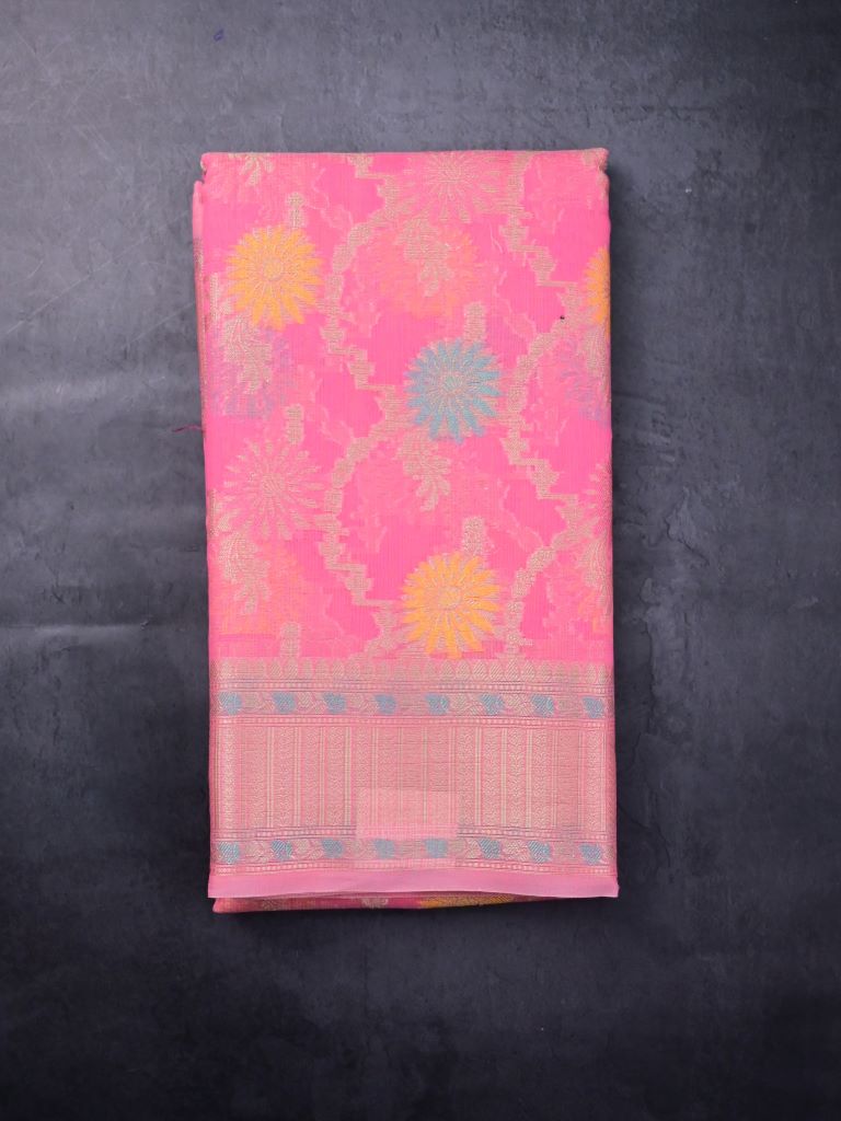 Kota fancy saree pink color allover zari weaves & zari border with rich pallu and brocade blouse