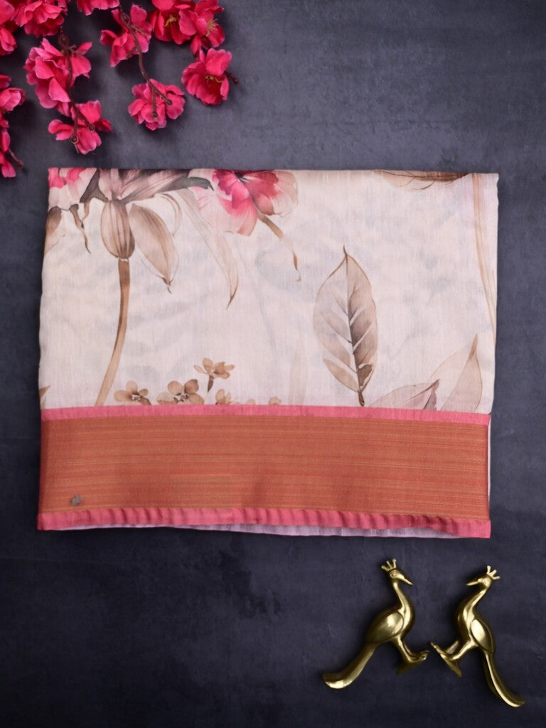 Jute fancy saree white color allover prints & kaddi border with contrast pallu and printed blouse