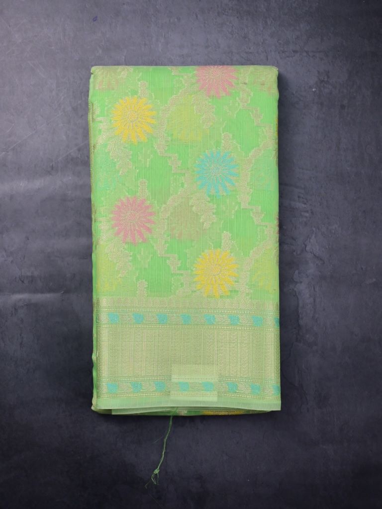 Kota fancy saree parrot green color allover zari weaves & zari border with rich pallu and brocade blouse