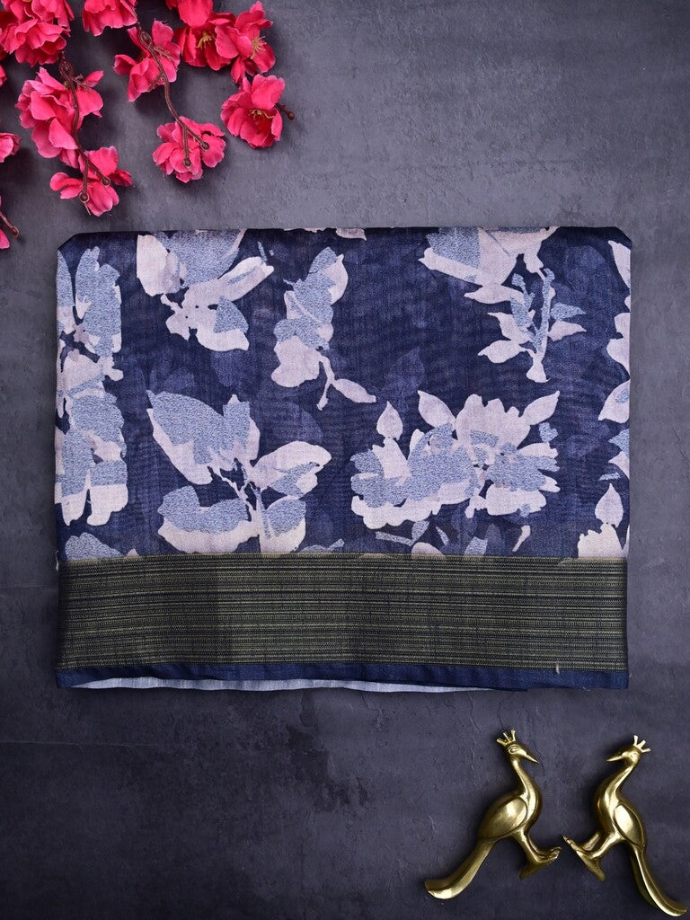 Jute fancy saree navy blue color allover prints & kaddi border with contrast pallu and printed blouse