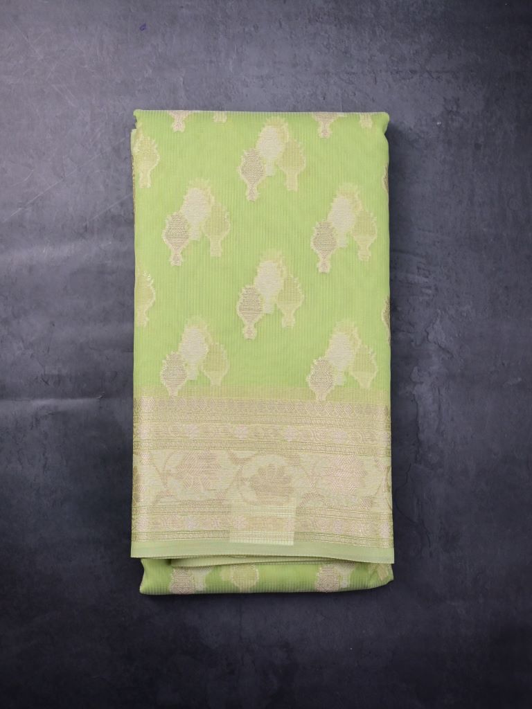 Kota fancy saree light green color allover zari weaves & zari border with rich pallu and brocade blouse