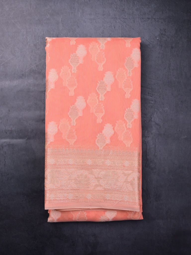 Kota fancy saree light orange color allover zari weaves & zari border with rich pallu and brocade blouse