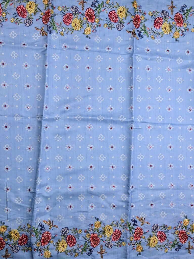 Tussar fancy saree sky blue color allover prints & printed border with running pallu and attached printed blouse