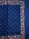 Tussar fancy saree navy blue color allover prints & printed border with running pallu and attached printed blouse