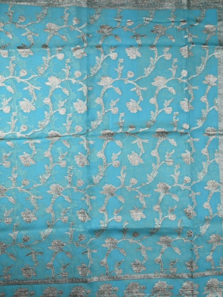 Kora georgette fancy saree sky blue color with allover zari stripes & motifs with zari border with rich pallu and designer blouse