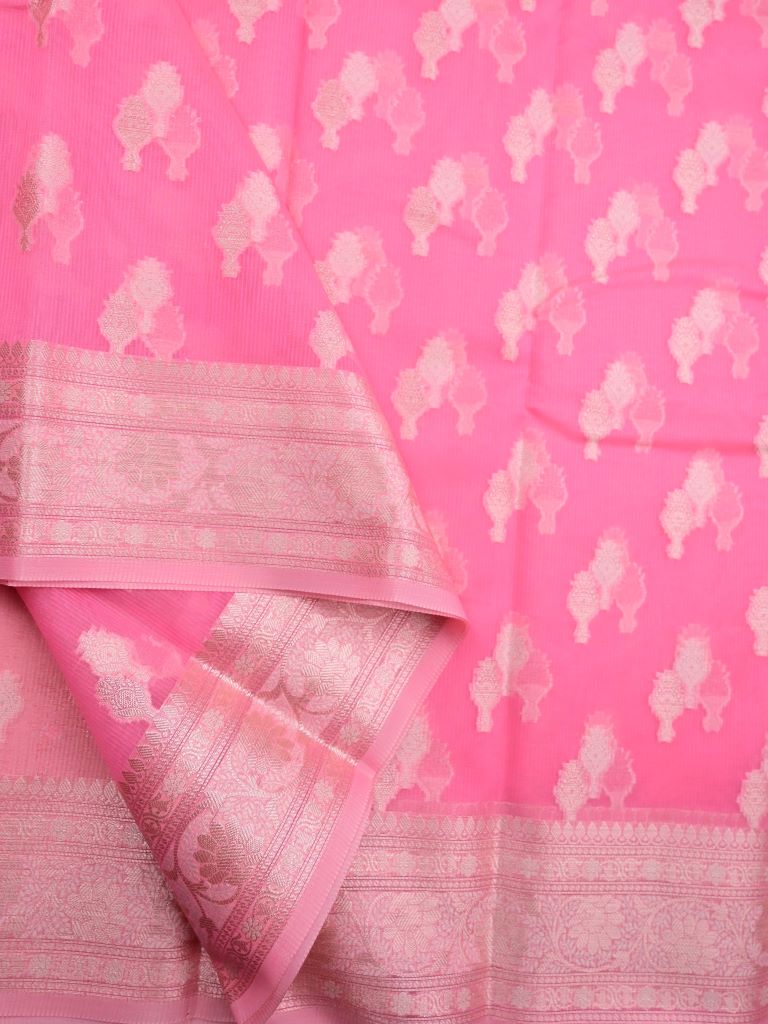 Kota fancy saree pink color allover zari weaves & zari border with rich pallu and brocade blouse