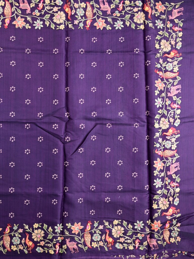 Tussar fancy saree violet color allover prints & printed border with running pallu and attached printed blouse