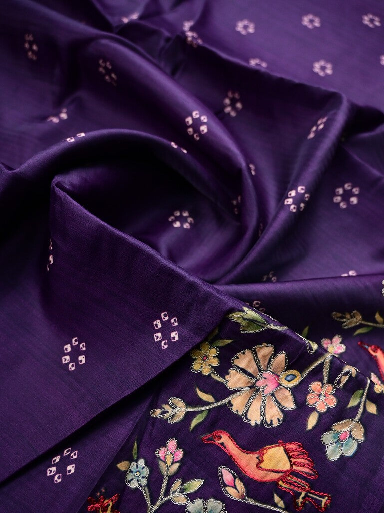 Tussar fancy saree violet color allover prints & printed border with running pallu and attached printed blouse