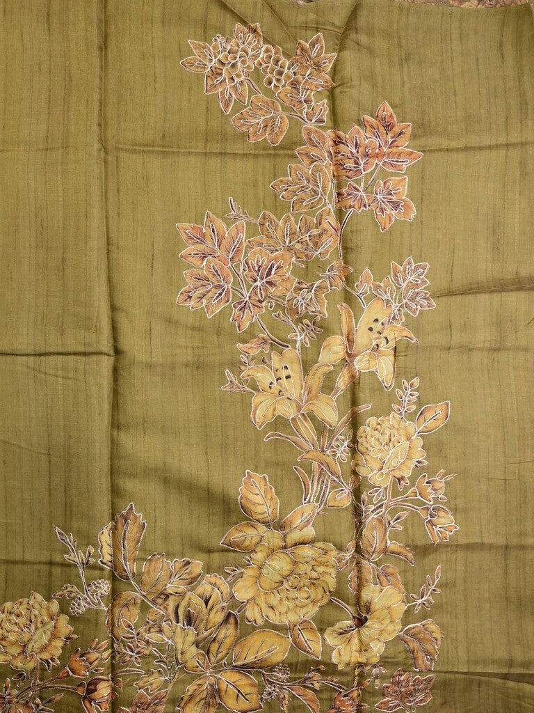 Tussar fancy saree mustard yellow color allover plain & printed border with running pallu and attached printed blouse