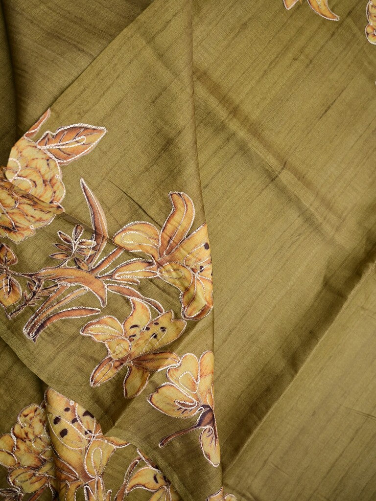 Tussar fancy saree mustard yellow color allover plain & printed border with running pallu and attached printed blouse