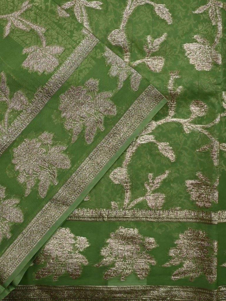 Kora georgette fancy saree light green color with allover zari stripes & motifs with zari border with rich pallu and designer blouse