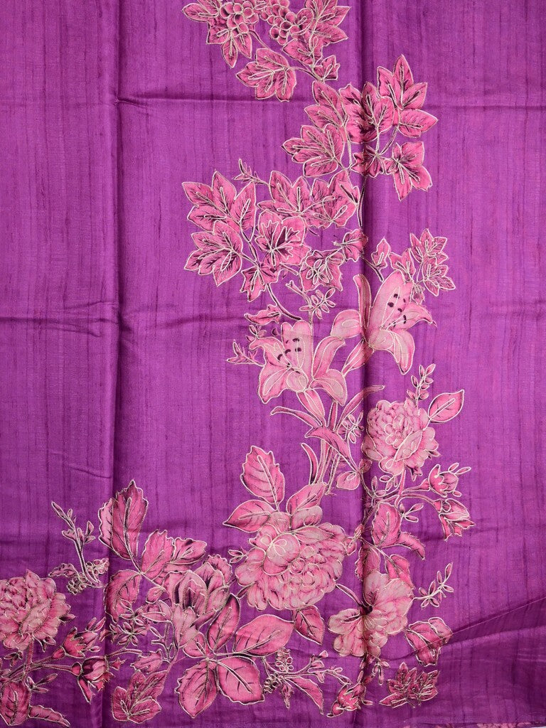 Tussar fancy saree purple color allover plain & printed border with running pallu and attached printed blouse