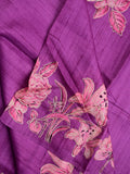 Tussar fancy saree purple color allover plain & printed border with running pallu and attached printed blouse