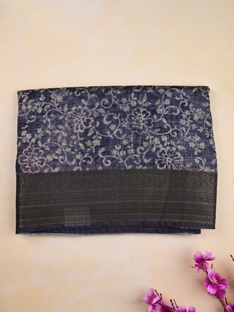 Tussar fancy saree navy blue color allover prints & small kaddi border with printed pallu and plain blouse