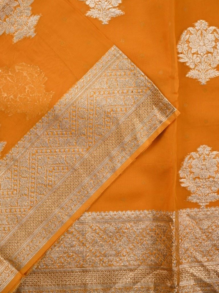 Kora georgette fancy saree orange color with allover zari stripes & motifs with zari border with rich pallu and designer blouse