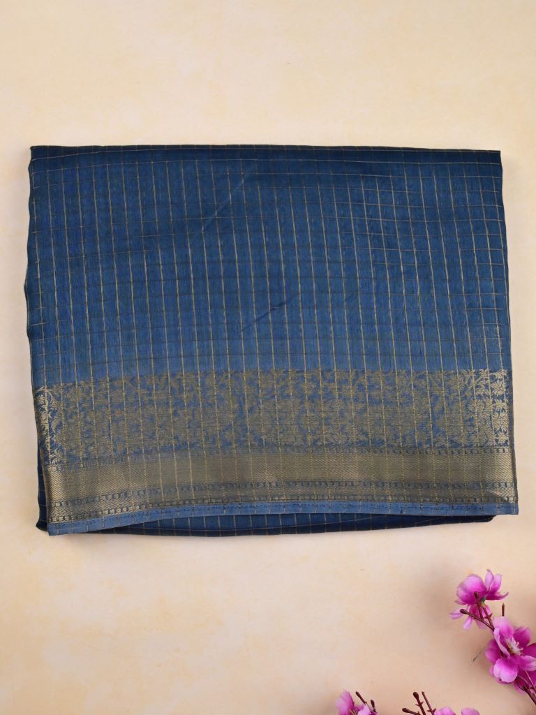 Tussar fancy saree dark blue color allover prints & small kaddi border with printed pallu and plain blouse