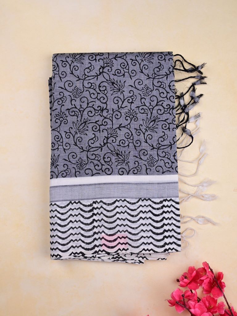 Mangalagiri cotton sarees grey color allover prints with printed border with short pallu and printed blouse