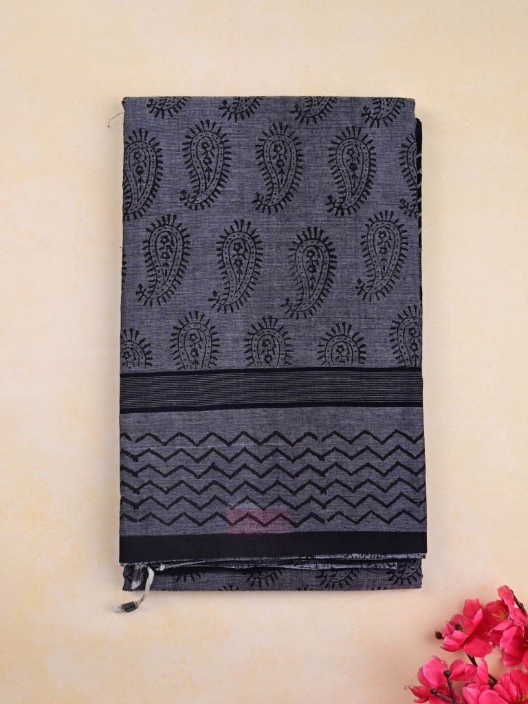 Mangalagiri cotton sarees dark grey color allover prints with printed border with short pallu and printed blouse