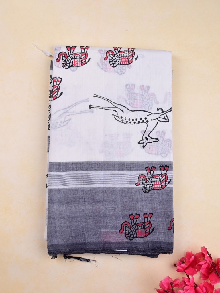 Mangalagiri cotton sarees white color allover prints with printed border with short pallu and printed blouse
