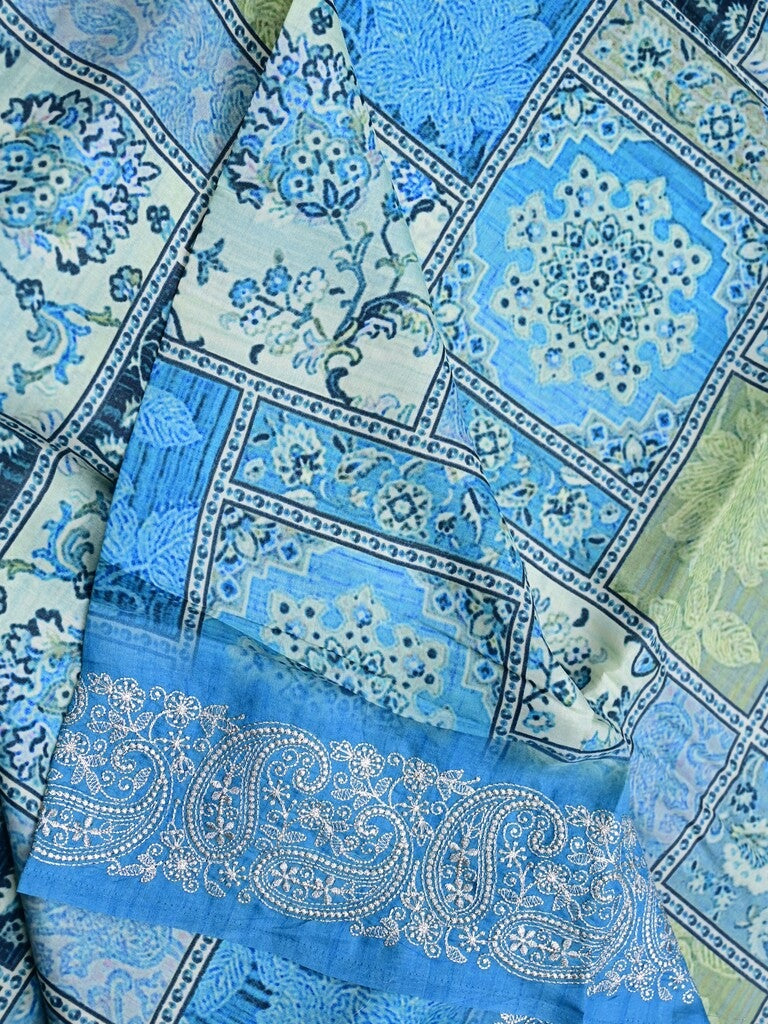 Tussar fancy saree sky blue color allover prints & printed border with short pallu and attached plain blouse