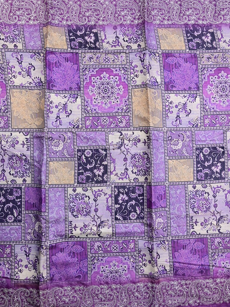 Tussar fancy saree light purple color allover prints & printed border with short pallu and attached plain blouse