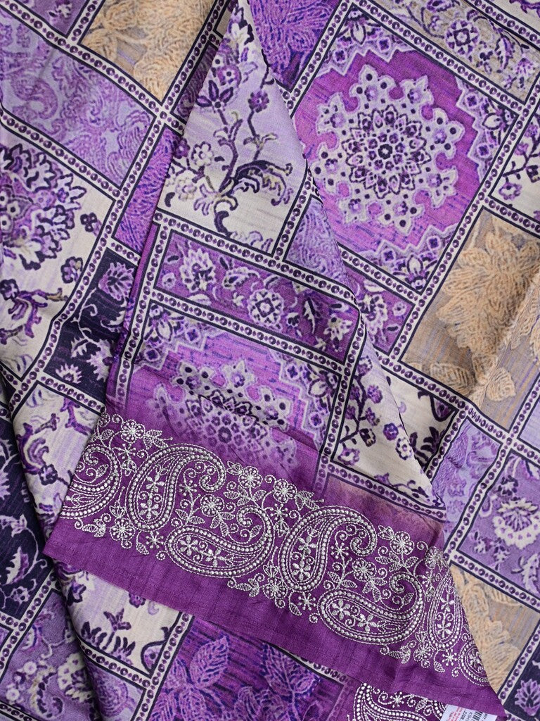 Tussar fancy saree light purple color allover prints & printed border with short pallu and attached plain blouse