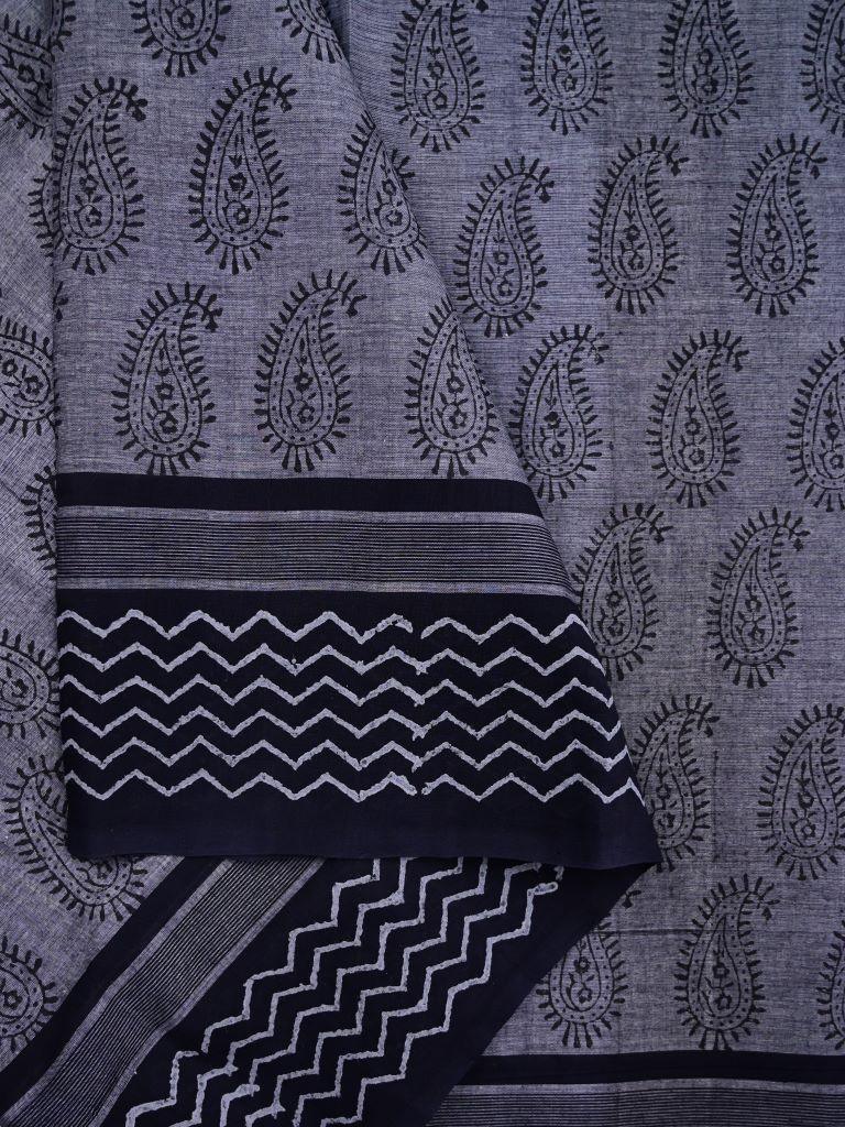Mangalagiri cotton sarees dark grey color allover prints with printed border with short pallu and printed blouse
