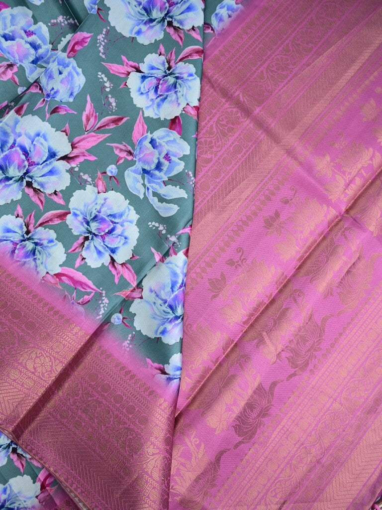 Satin silk fancy saree leaf green color allover digital prints & zari border with rich pallu and contrast printed blouse