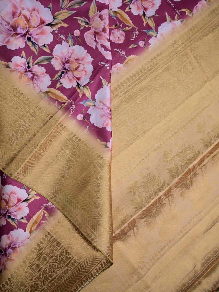 Satin silk fancy saree wine color allover digital prints & zari border with rich pallu and contrast printed blouse