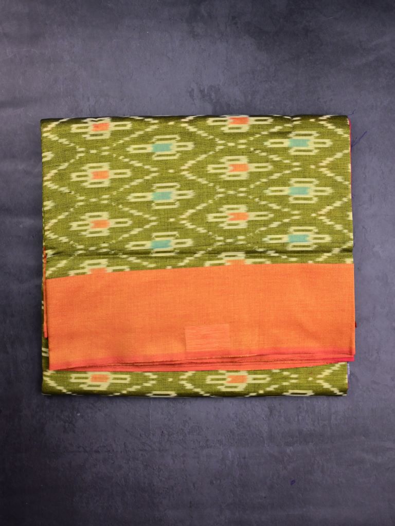 Ikkath cotton sarees leaf green color allover weaves & small kaddi border with contrast pallu