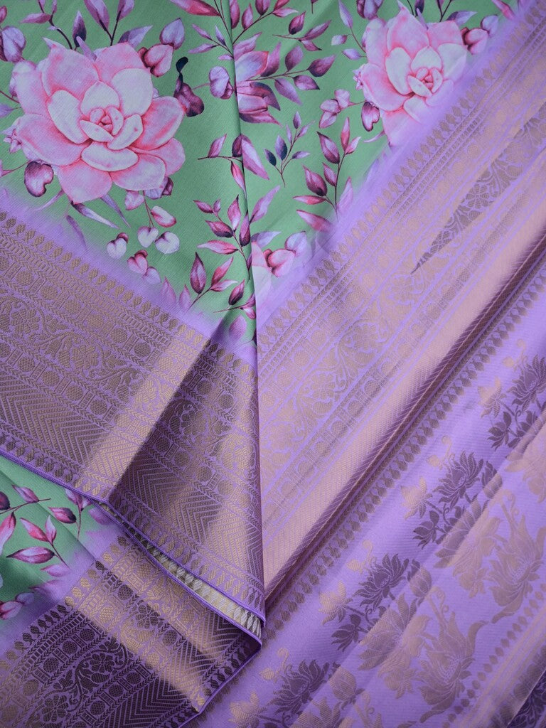 Satin silk fancy saree light green color allover digital prints & zari border with rich pallu and contrast printed blouse