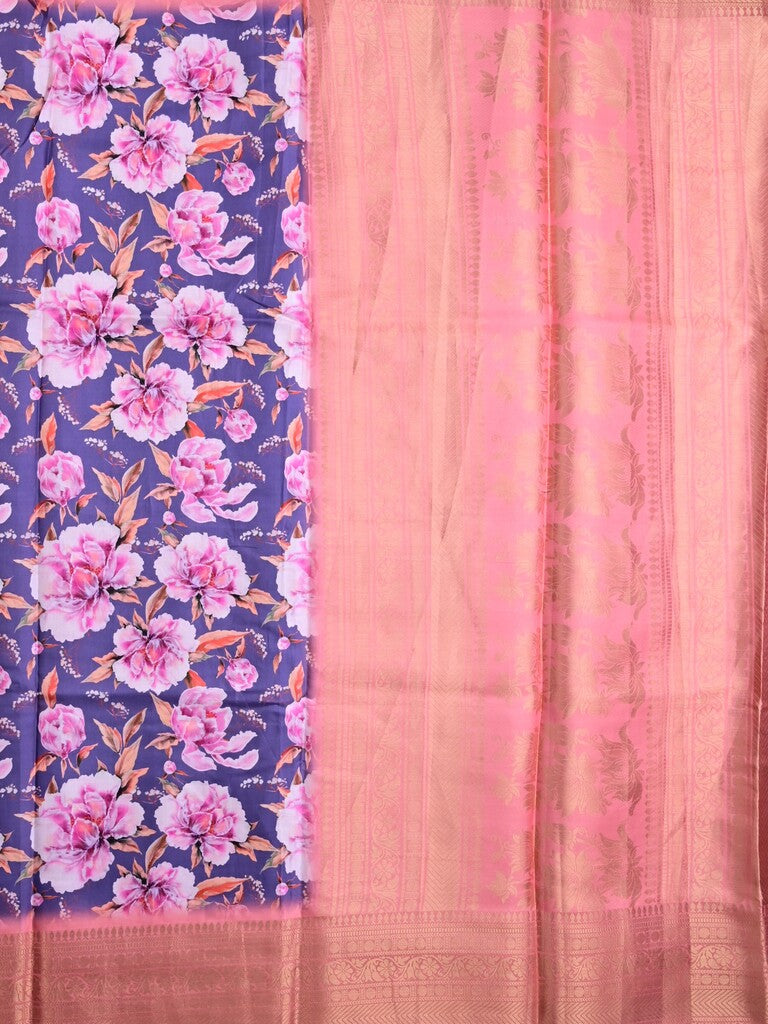 Satin silk fancy saree purple color allover digital prints & zari border with rich pallu and contrast printed blouse