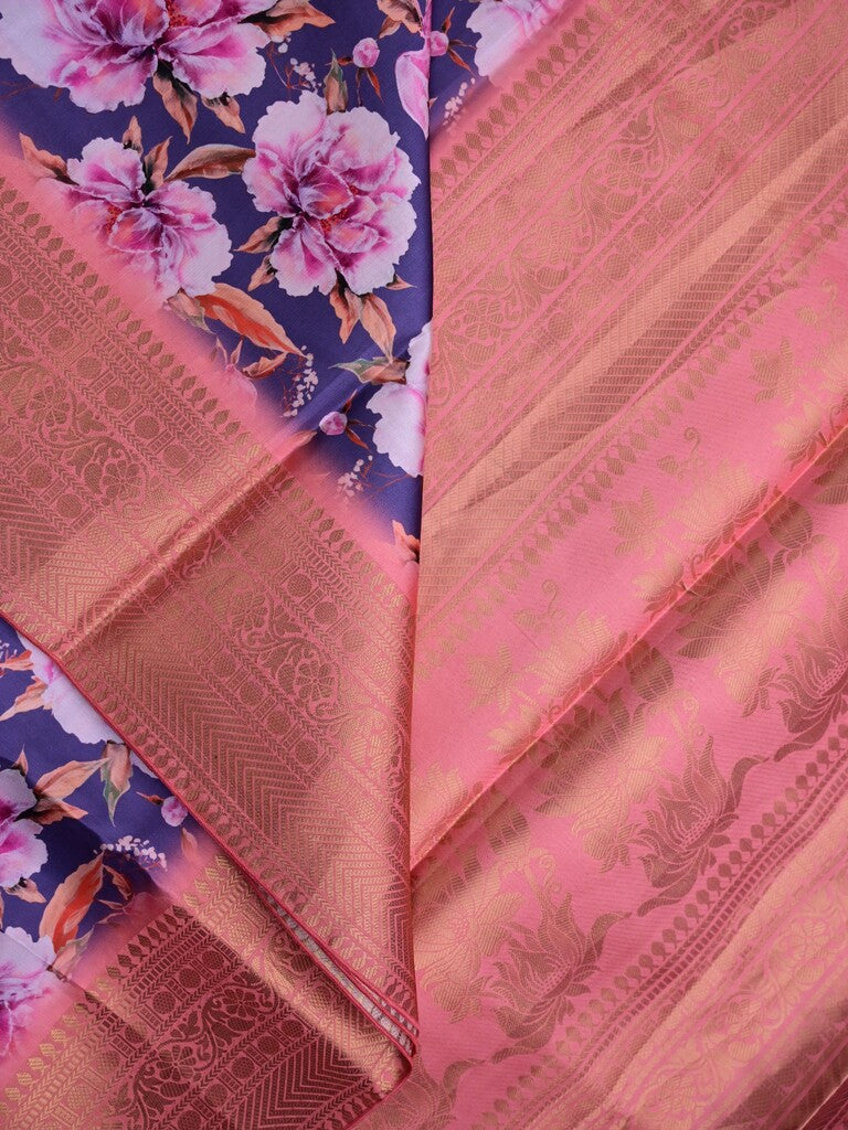 Satin silk fancy saree purple color allover digital prints & zari border with rich pallu and contrast printed blouse