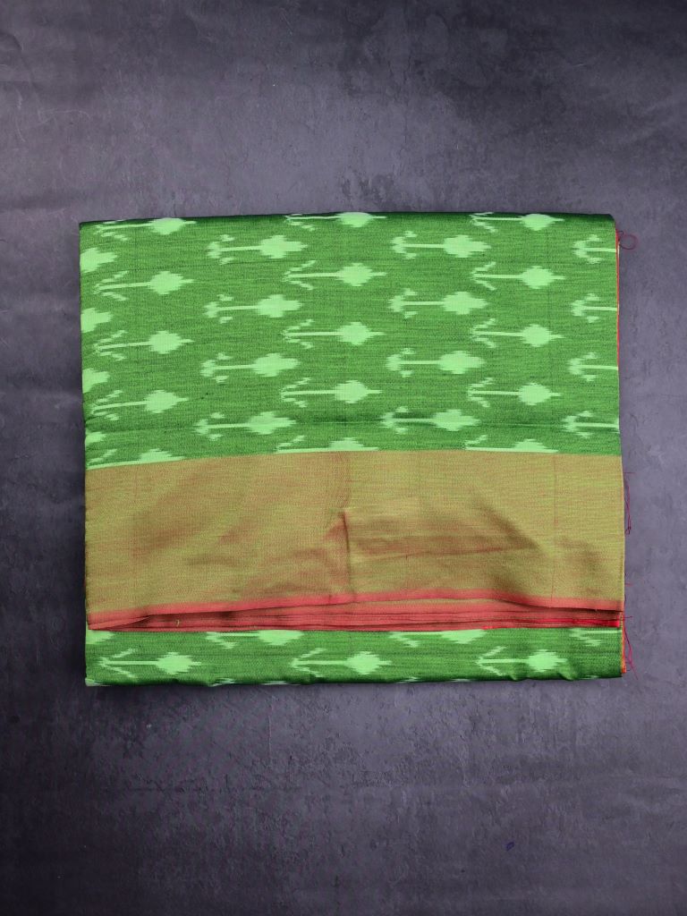 Ikkath cotton sarees parrot green color allover weaves & small kaddi border with contrast pallu