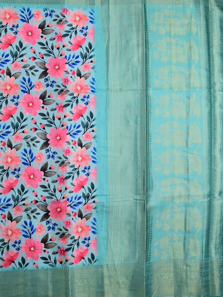 Satin silk fancy saree sky blue color allover digital prints & zari border with rich pallu and contrast printed blouse