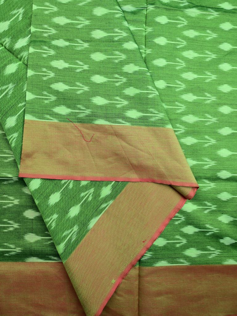 Ikkath cotton sarees parrot green color allover weaves & small kaddi border with contrast pallu