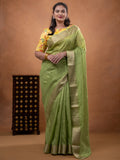 Organza fancy saree parrot green color allover weaves & zari border with short pallu and plain contrast blouse