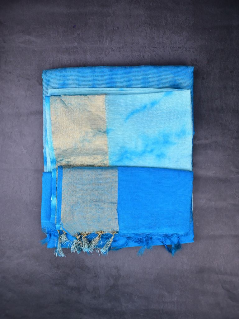 Bhagalpur fancy saree sky blue color allover shibori prints & small kaddi border with contrast pallu and plain blouse