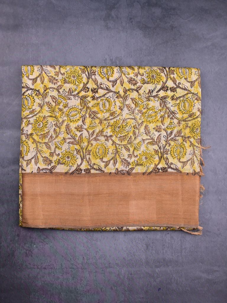 Chanderi cotton saree light yellow color allover prints & zari border with zari pallu and contrast printed blouse